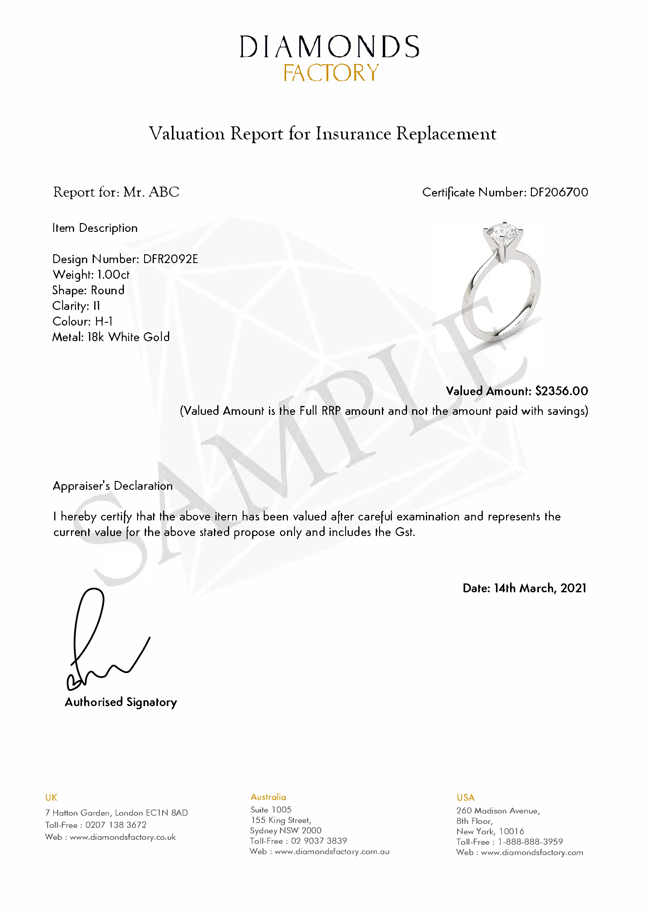 Valuation Certificate
